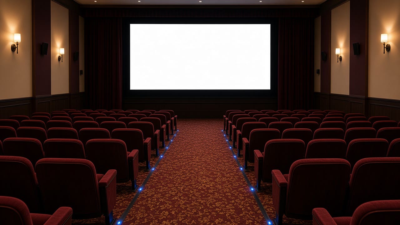 Dark auditorium seats facing a lit screen