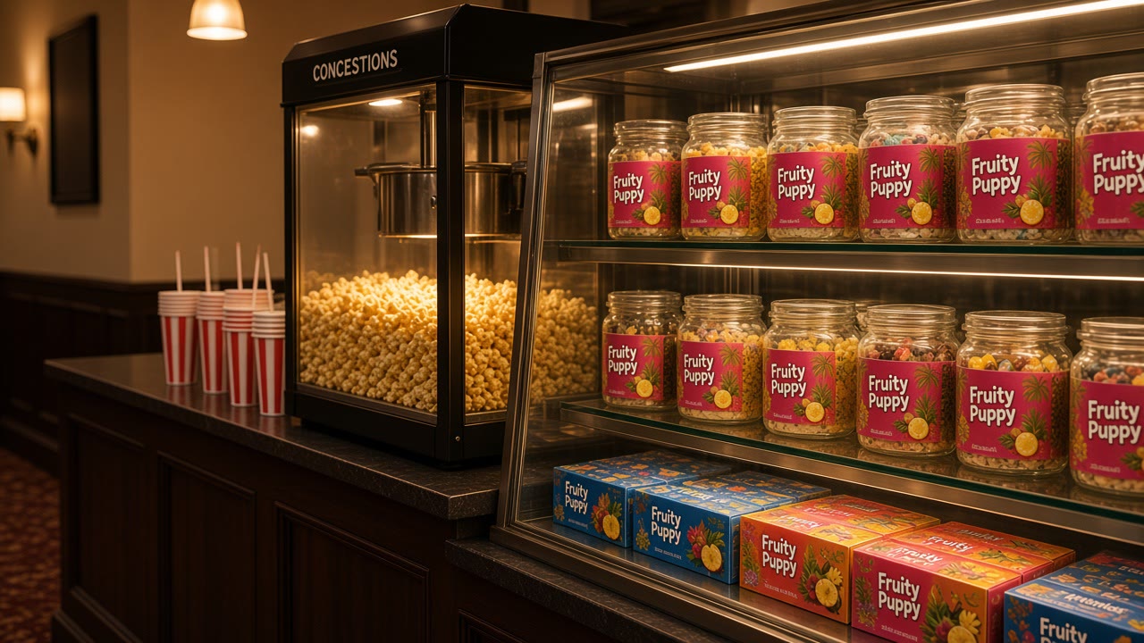 Concession counter with candy case under pendant lights